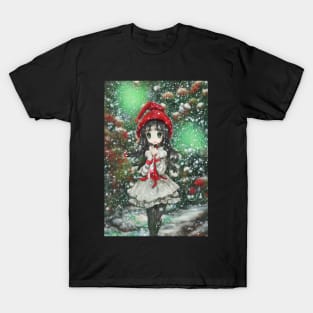 Kawaii anime manga girl walking in snow T-Shirt